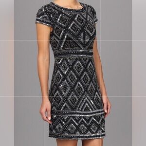 NEW Adrianna Papell Elegant Black and Silver Beaded Dress